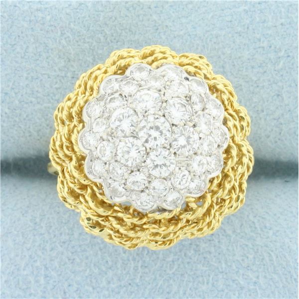 Italian Woven Design Diamond Bombe Ring in 18k Yellow Gold