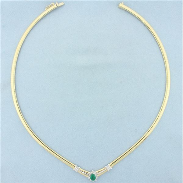 Emerald and Diamond Omega Necklace in 14k Yellow Gold