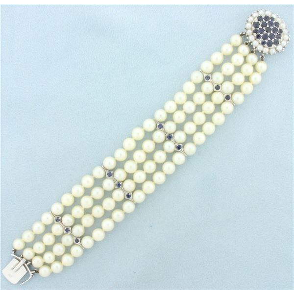 Vintage Sapphire and Cultured Akoya Pearl Bracelet in 14k White Gold