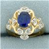 Image 1 : Sapphire and Diamond Scroll Design Ring in 14k Yellow Gold