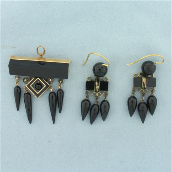 Antique Victorian Black Onyx Earrings and Brooch/Pendant Set in 14k Yellow Gold
