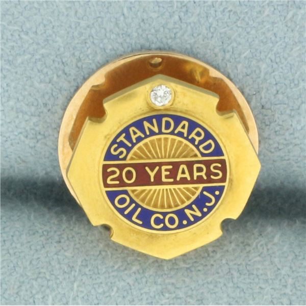 Antique Standard Oil Co. N.J. 20 Years Enamel Diamond Pin in 14k Yellow Gold