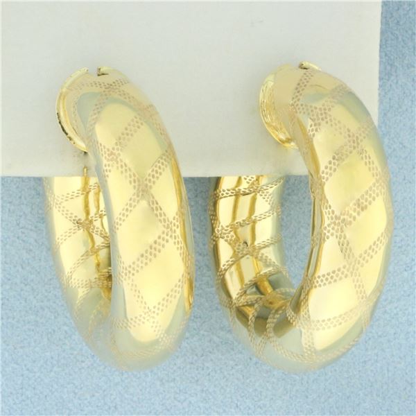 Italian Etched Design Hoop Earrings in 14k Yellow Gold