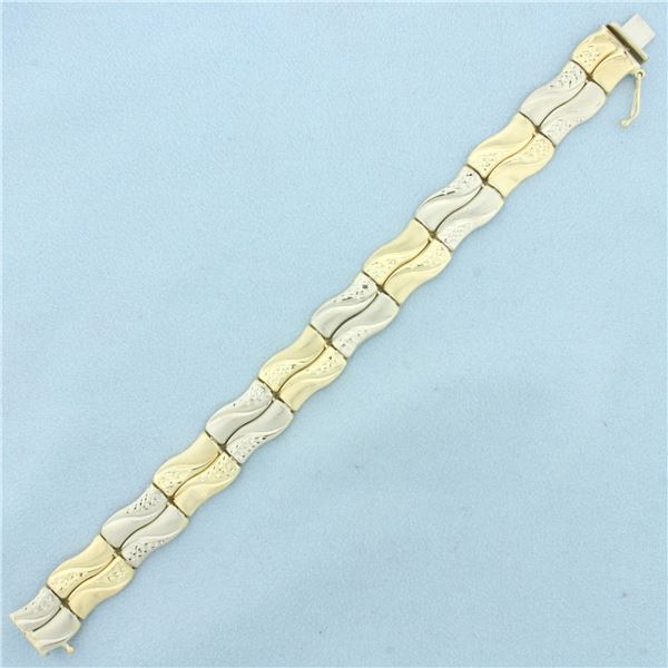 Diamond Cut Wave Design Bar Bracelet in 14k Yellow and White Gold