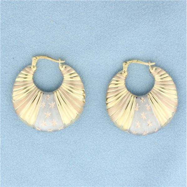 Tri-Color Star Design Hoop Earrings in 14k Yellow, White, and Rose Gold