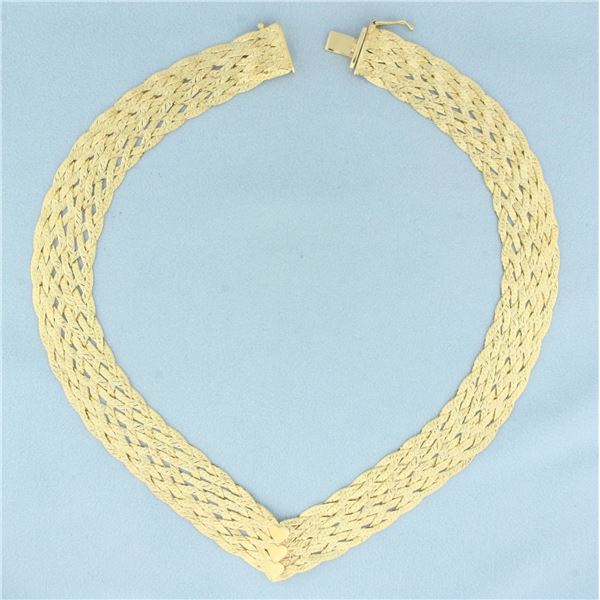 Italian Woven V-Neck Heart Necklace in 14k Yellow Gold