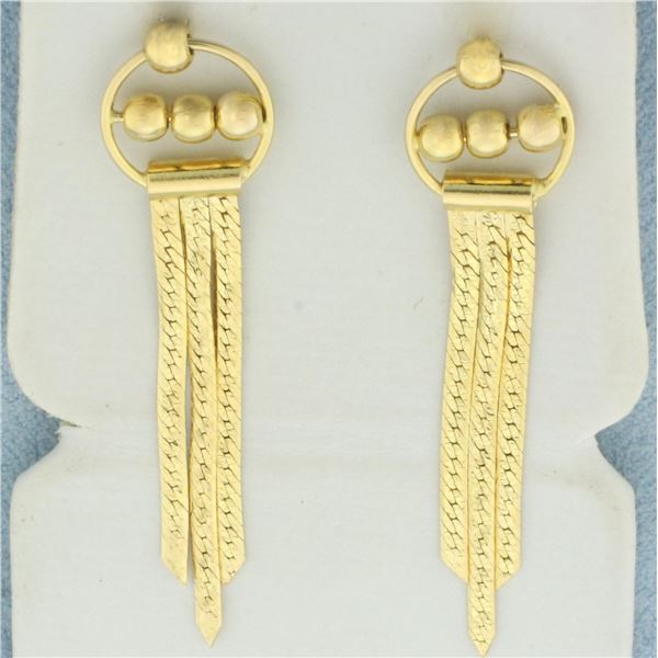 Reversable Herringbone Ball Bead Dangle Earrings in 14k Yellow Gold