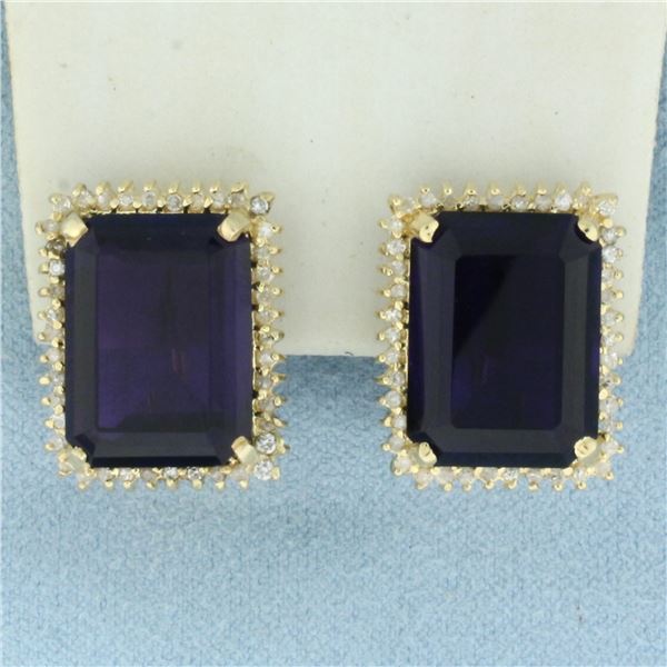 Large Amethyst and Diamond Halo Earrings in 14k Yellow Gold