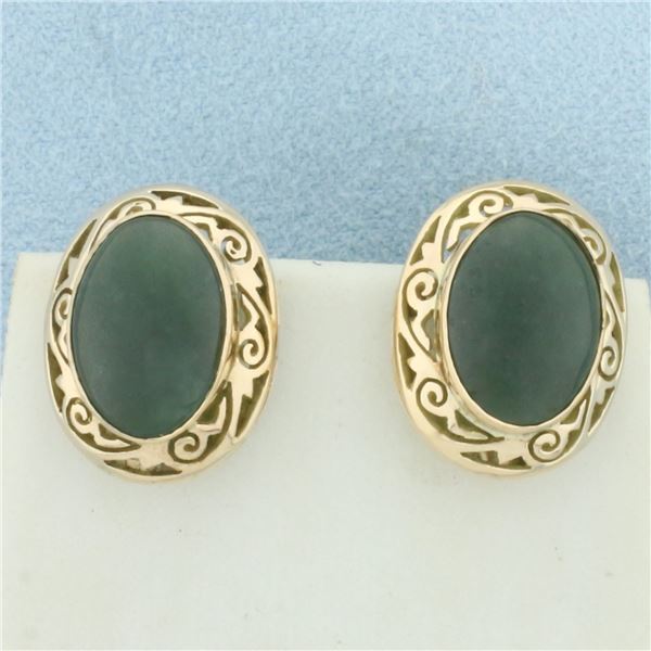 Vintage Jade Screw Back Non Pierced Ears Filigree Earrings in 14k Yellow Gold