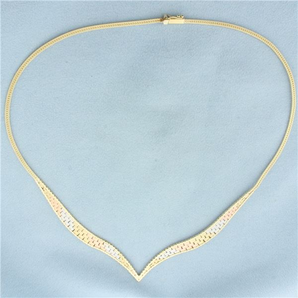 Tri-Color Italian V Necklace in 14k Yellow, White, and Rose Gold