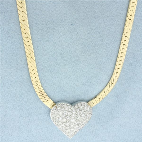 Italian 3ct Pave Diamond Heart Necklace in 14k Yellow Gold