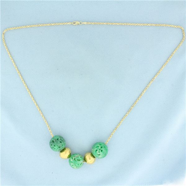 Carved Jade and Gold Bead Necklace in 14k Yellow Gold