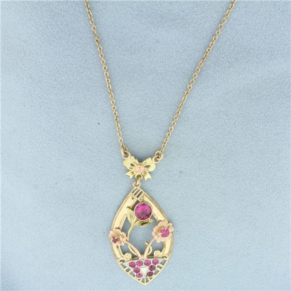 Vintage Pink Sapphire Flower Lavalier Necklace in 10k Yellow, Rose, White, and Green Gold