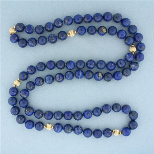 Lapis Lazuli and 14k Gold Bead Hand Knotted Strand Necklace