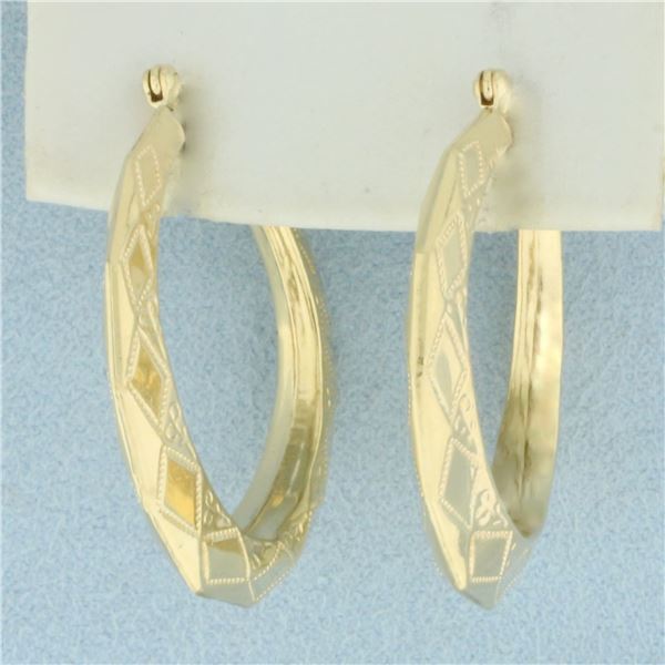 Diamond Etched Hoop Earrings in 14k Yellow Gold