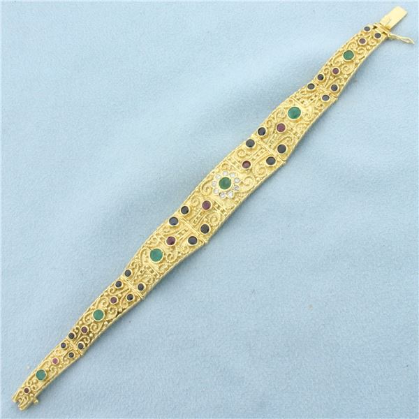 Greek Designer Kouzoupis Emerald, Sapphire, Ruby, and Diamond Bracelet in 18k Yellow Gold
