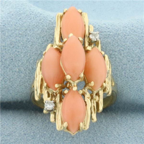 Vintage Angel Skin Coral and Diamond Ring in 14k Yellow Gold