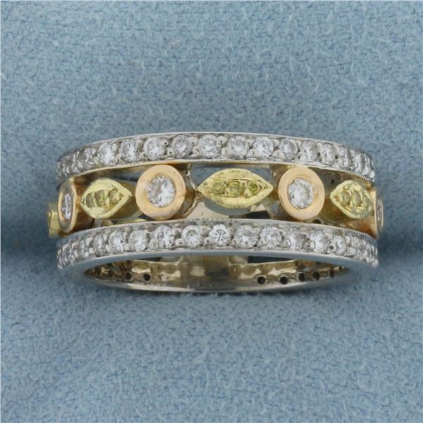Wide Yellow and White Diamond Pave Band Ring in 18k White, Rose, and Yellow Gold