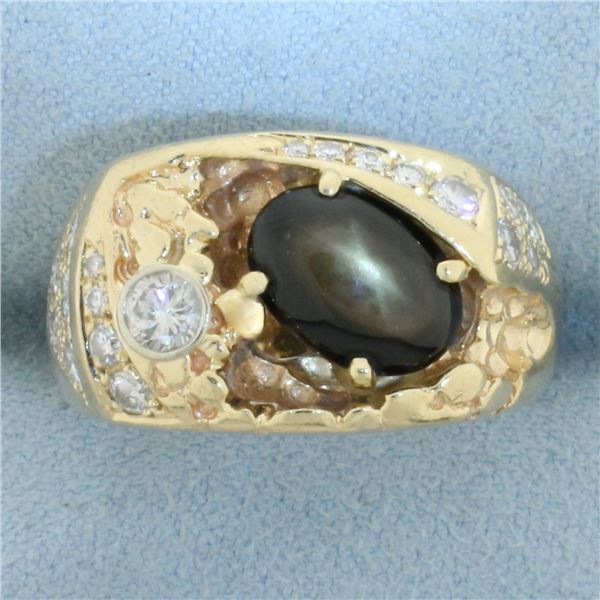 Mens Black Star Sapphire and Diamond Ring in 14k Yellow Gold