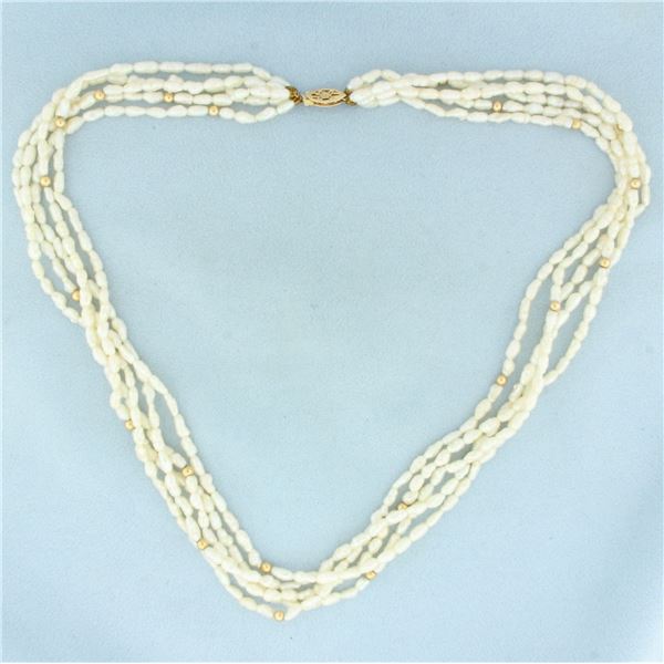 Five Strand Baroque Freshwater Pearl and Gold Bead Necklace in 14k Yellow Gold