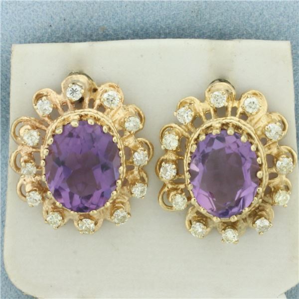 Vintage Amethyst and Diamond Halo Earrings in 14k Yellow Gold