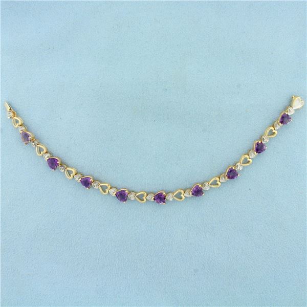 Heart Amethyst and Diamond Tennis Bracelet in 14k Yellow Gold