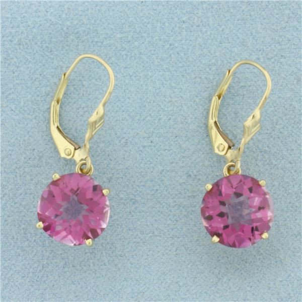 Checkerboard Cut Pink Topaz Dangle Earrings in 14k Yellow Gold