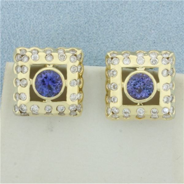 AAA Tanzanite and Diamond Earrings in 14k Yellow Gold