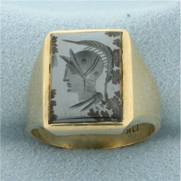 Vintage Mens Spartan Soldier Hematite Ring in 10k Yellow Gold