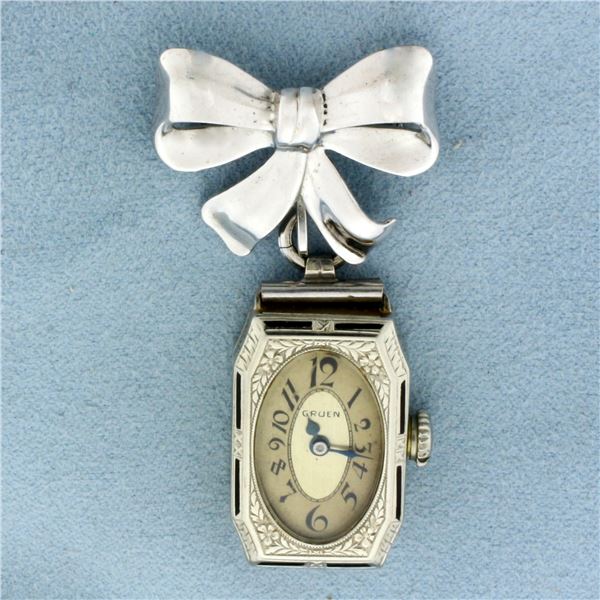 Vintage Swiss Gruen Watch Pin in 14k White Gold Case