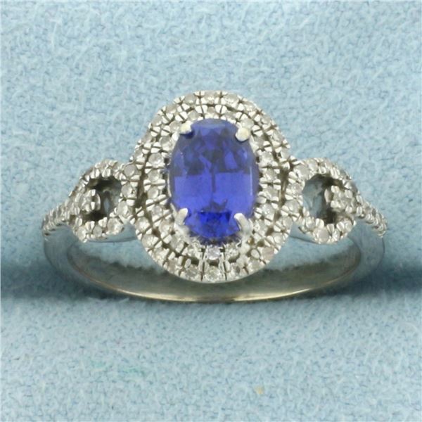 Lab Sapphire and Diamond Double Halo Ring in 10k White Gold