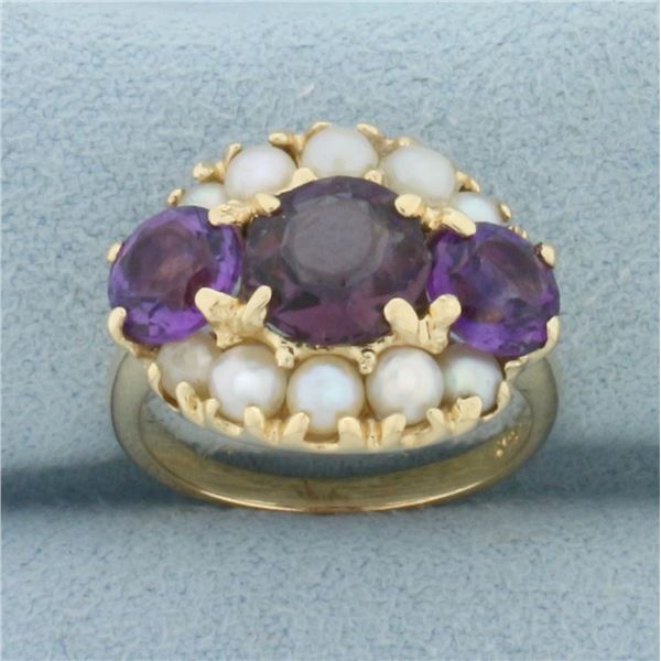 Vintage Amethyst and Seed Pearl Ring in 14k Yellow Gold