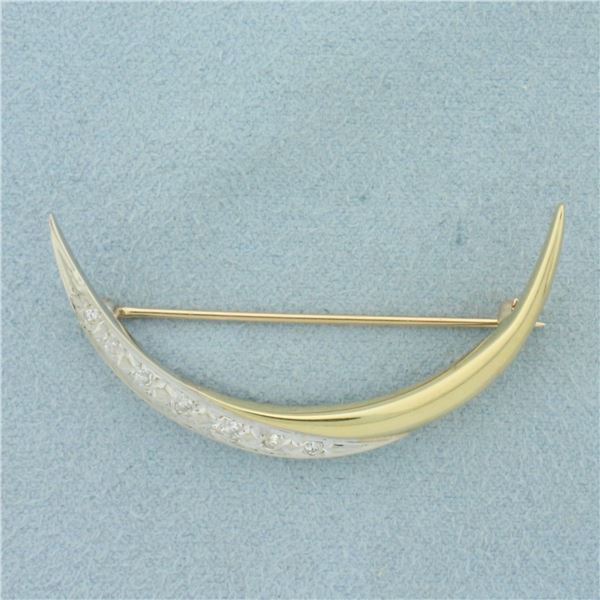 Vintage Diamond Crescent Moon Brooch Pin in 14k Yellow and White Gold