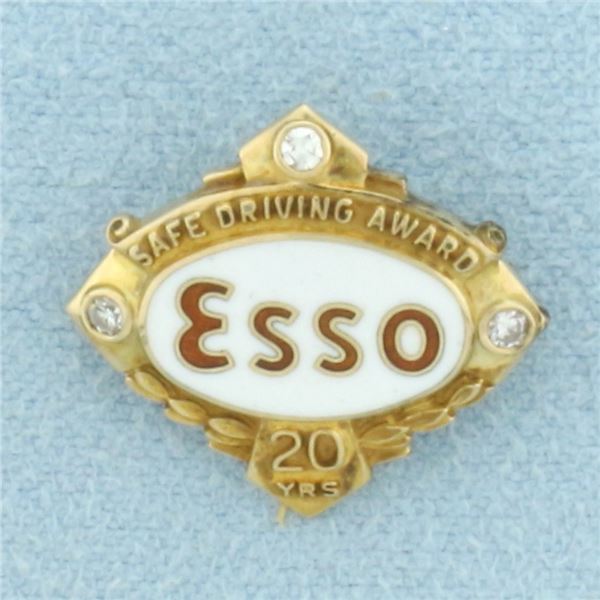 Vintage Esso Diamond Safe Driving 20 Years Pin in 10k Yellow Gold