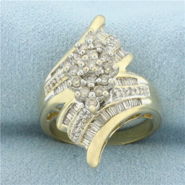 Round and Baguette Diamond Bypass Ring in 10k Yellow Gold
