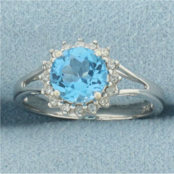 Swiss Blue Topaz and Diamond Halo Ring in 14k White Gold