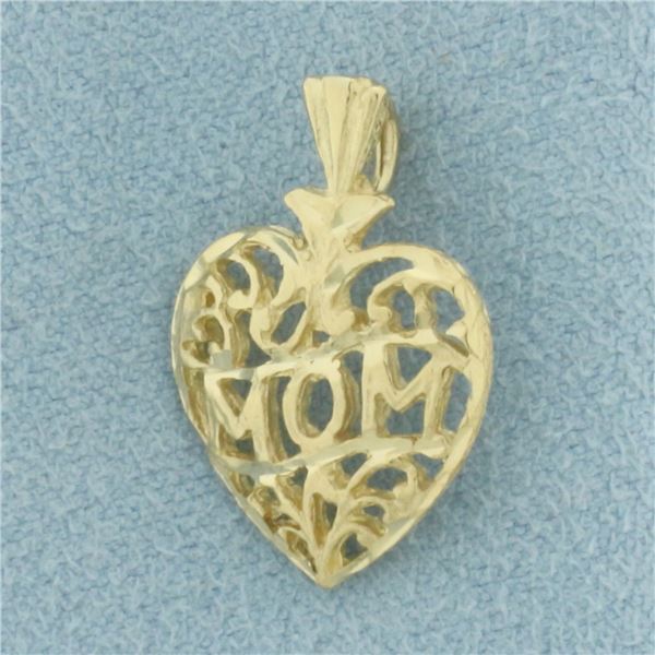 Mom Filigree Heart Pendant in 14k Yellow Gold