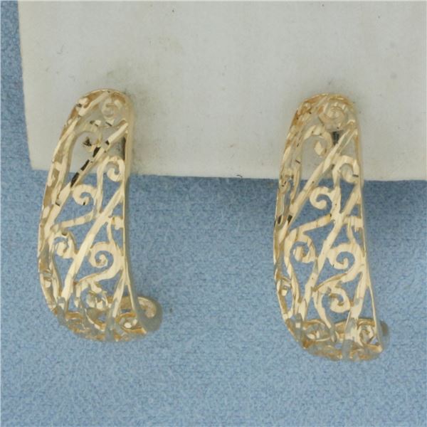 J Hoop Filigree Earrings in 14k Yellow Gold