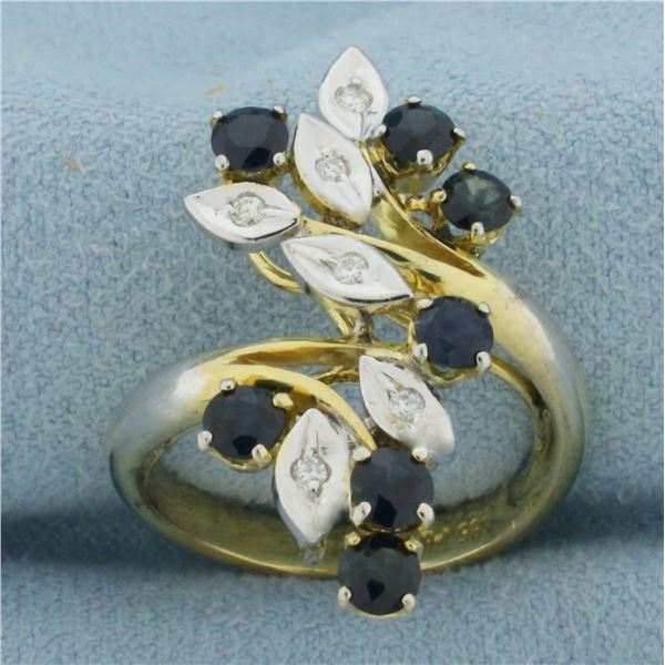 Sapphire and Diamond Branch Design Bypass Ring in 14K Yellow Gold