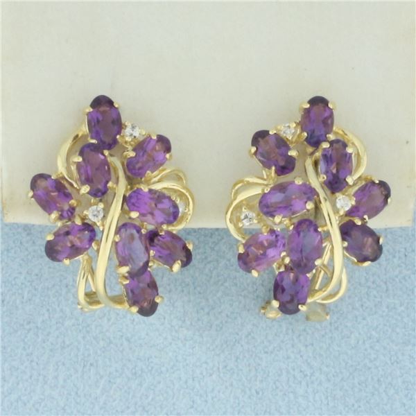 Amethyst and Diamond Omega Back Earrings in 14k Yellow Gold