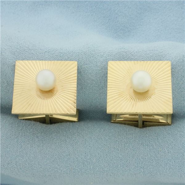 Cultured Pearl Square Mens Cufflinks in 14K Yellow Gold
