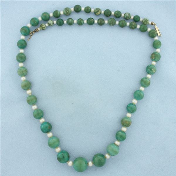 Vintage Green Turquoise and Cultured Pearl Necklace in 14K Yellow Gold
