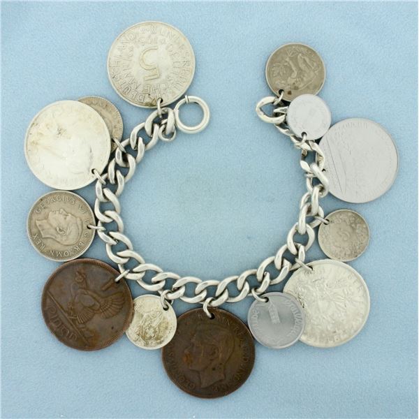 Vintage European Coin Charm Bracelet in Sterling Silver