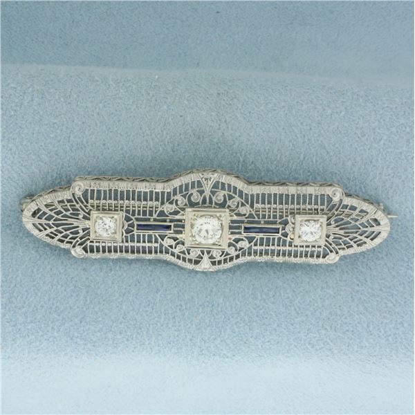 Antique Filigree Diamond and Sapphire Pin in 14K White Gold and Platinum