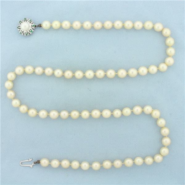 Emerald and Cultured Akoya Pearl Strand Necklace in 14K White Gold