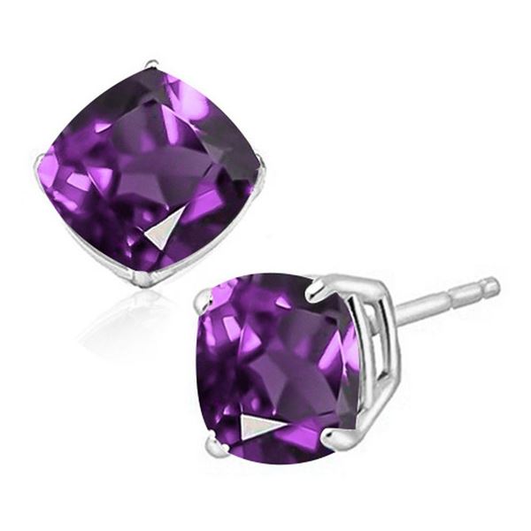 6MM Cushion Cut Amethyst 1.85CTW Stud Earrings in Sterling Silver