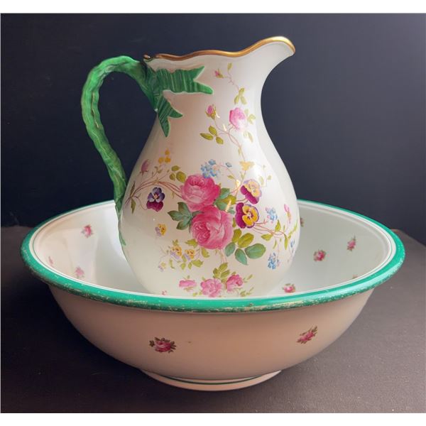 Hand-Painted Floral Porcelain Pitcher and Bowl Set with Green Handle, Bowl 15 in, Pitcher 13 in