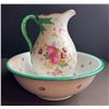 Image 1 : Hand-Painted Floral Porcelain Pitcher and Bowl Set with Green Handle, Bowl 15 in, Pitcher 13 in