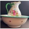 Image 2 : Hand-Painted Floral Porcelain Pitcher and Bowl Set with Green Handle, Bowl 15 in, Pitcher 13 in