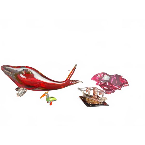 Four Assorted Art Glass Miniatures: Whale, Bird, Dish, Ship